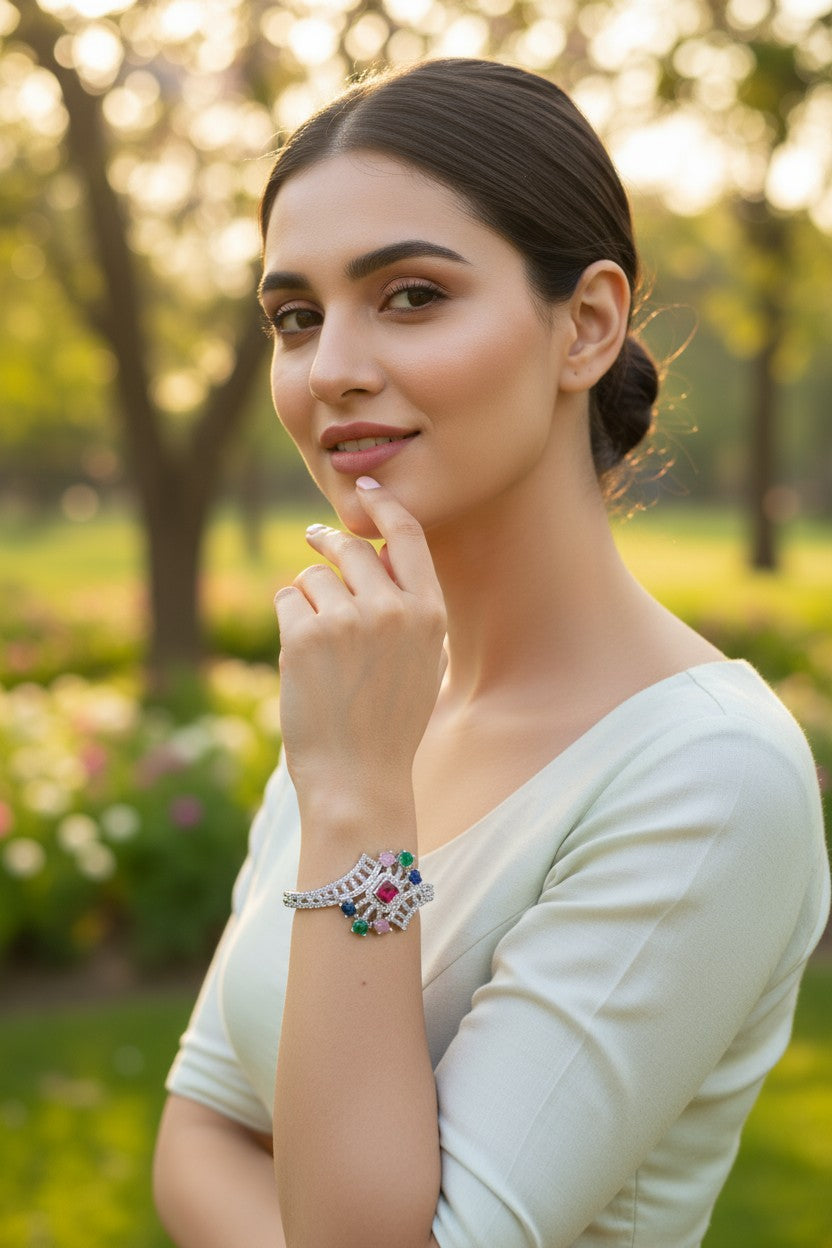 ✨ Vintage-Inspired Multi ❤️💚🤍💙 Stone Bracelet in Sterling Silver 💫