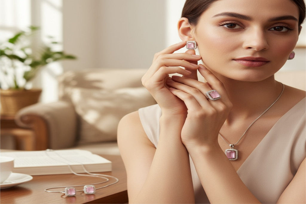 💖 Elegant Pink Perfection 💖!! Elegant Silver Jewelry Set with Pink Gemstone Pendant Necklace, Earrings, and Matching Ring