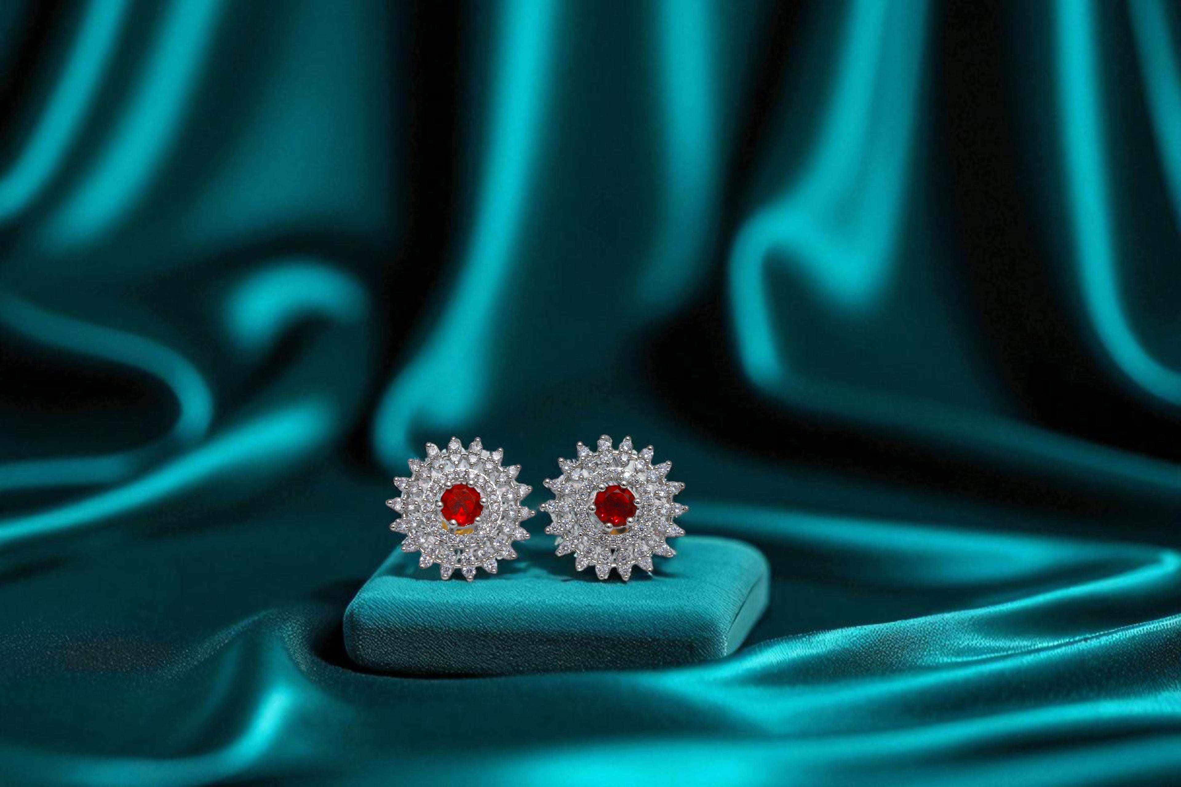 ❤️ Red Stone Diamond Floral Earrings