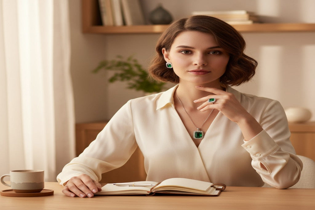 💚 Timeless Emerald Elegance 💚!! Elegant Silver Jewelry Set with Green Gemstone Pendant Necklace, Earrings, and Matching Ring