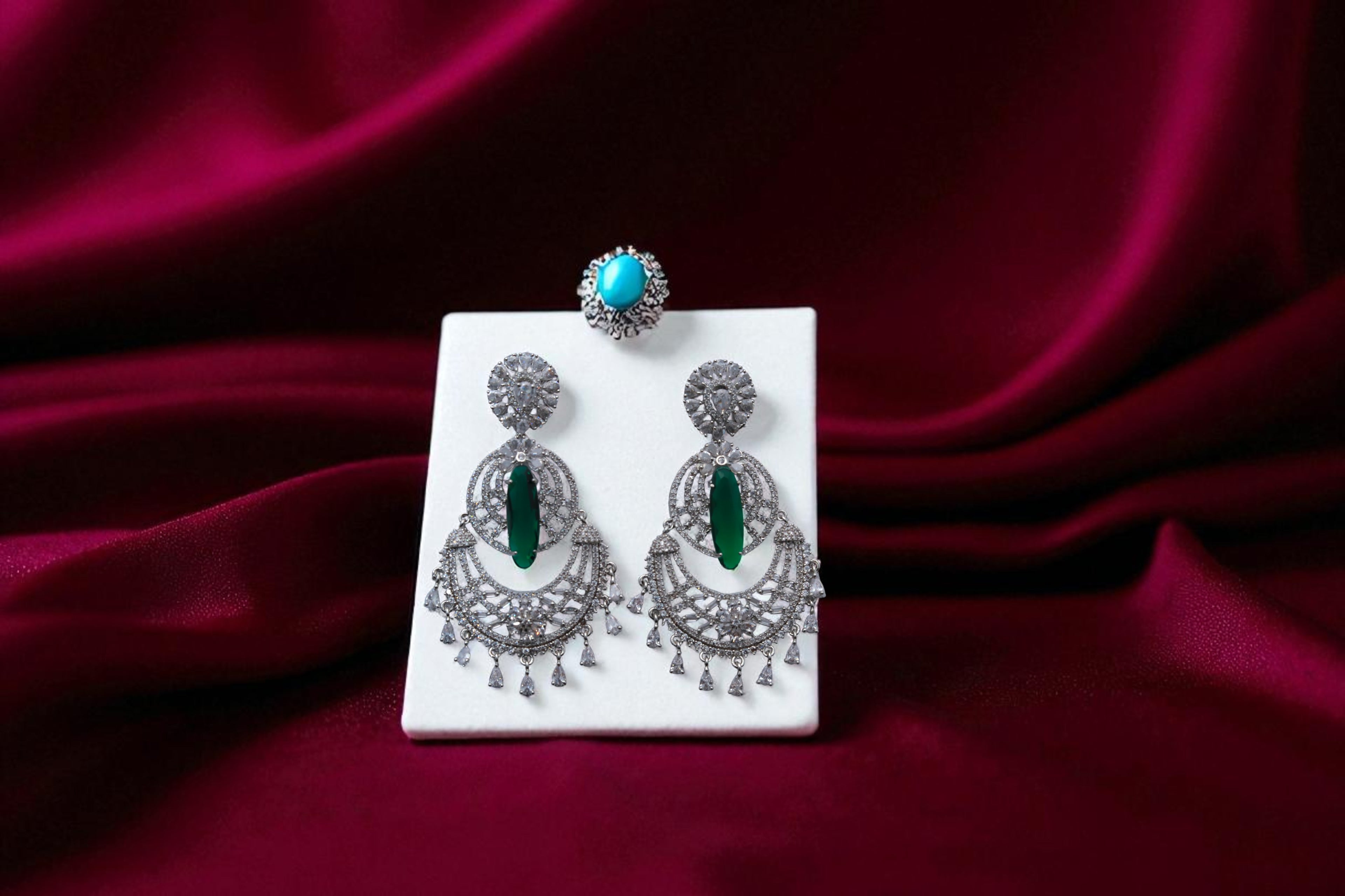 👑 Royal Green & Silver Statement Earrings 👑