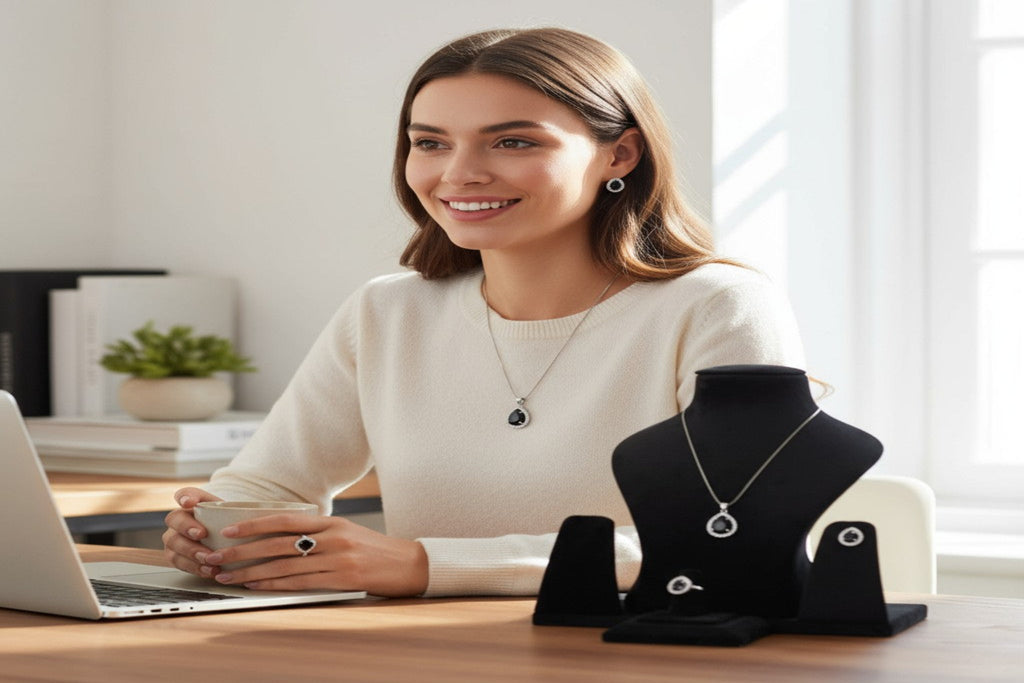 🖤 Classic Black Beauty 🖤!! Elegant Silver Jewelry Set with Black Gemstone Teardrop Pendant Necklace, Earrings, and Matching Ring