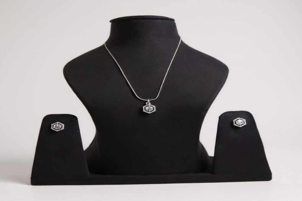 🤍 Crystal Charm Set 🤍!! Elegant Silver Jewelry Set with White Crystal Hexagon Gemstone Pendant Necklace and Matching Earrings