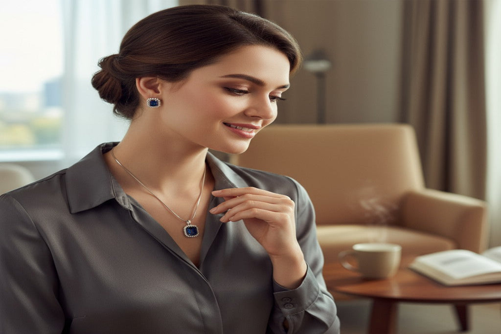 💙 Royal Blue Elegance 💙!!  Elegant Silver Jewelry Set with Blue Sapphire-Style Gemstone Pendant Necklace and Matching Earrings