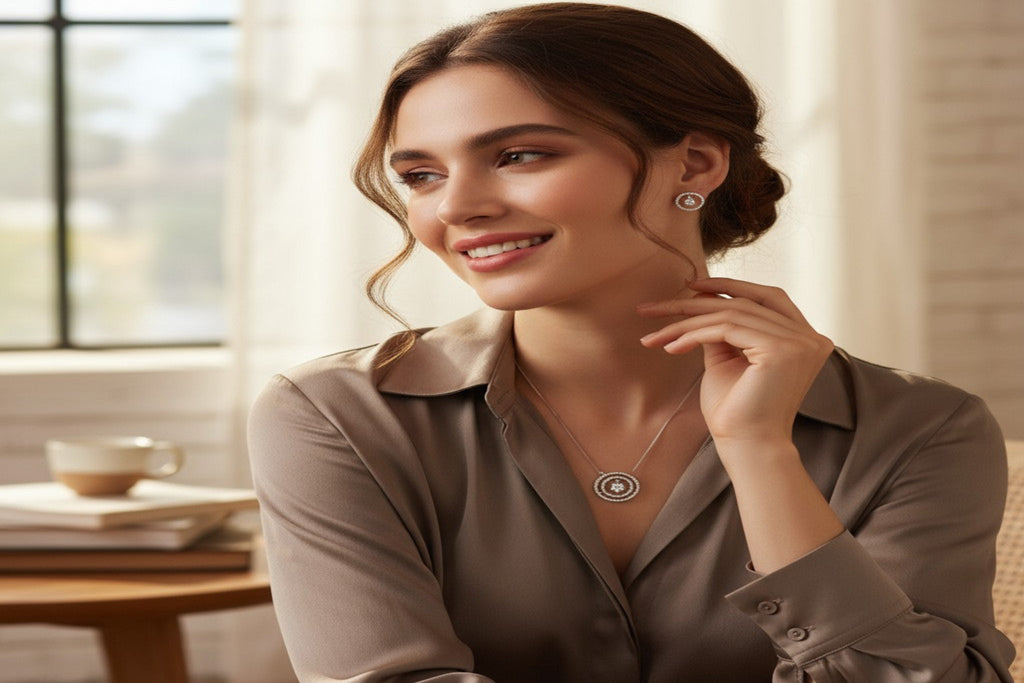 🤍 Crystal Elegance Set 🤍!! Elegant Silver Jewelry Set with White Crystal Round Gemstone Pendant Necklace and Matching Earrings