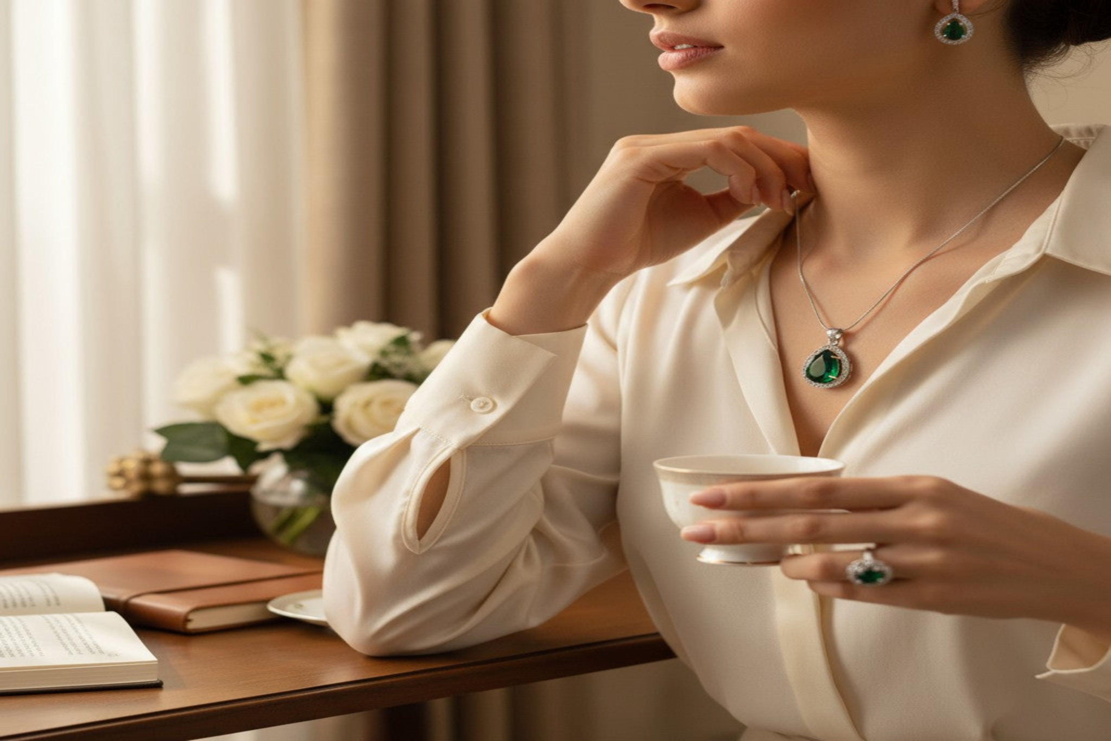 💚 Enchanting Emerald Glow 💚!! Elegant Silver Jewelry Set with Emerald Green Gemstone Teardrop Pendant Necklace, Earrings, and Matching Ring