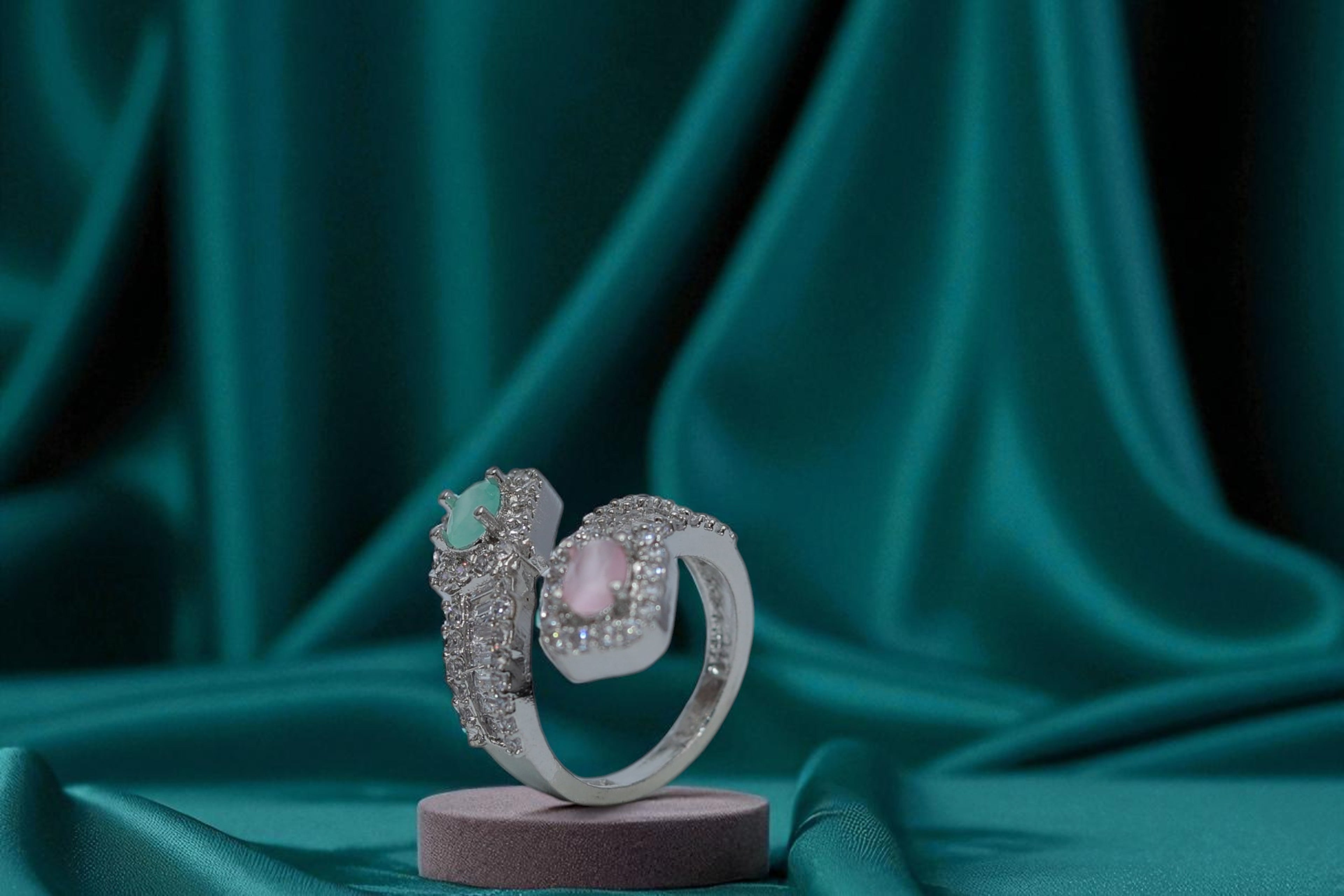 💕 Pink & Aqua Gemstone Silver Ring 💍