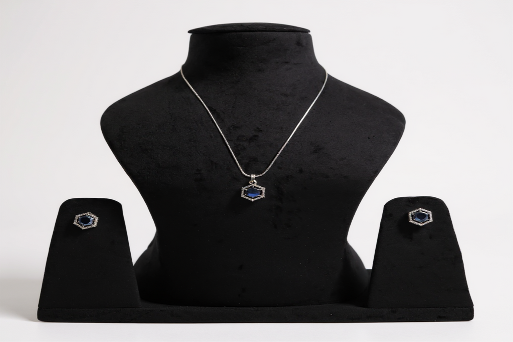 💙 Sapphire Sparkle Set 💙!! Elegant Silver Jewelry Set with Sapphire Blue Hexagon Gemstone Pendant Necklace and Matching Earrings