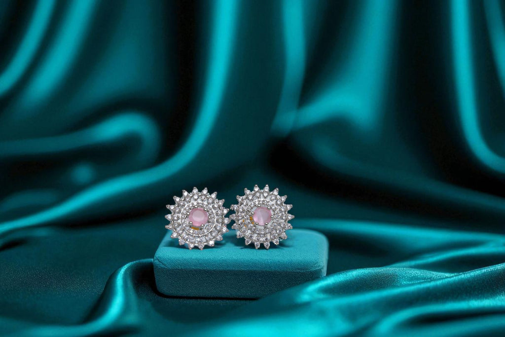 💗 Pink Stone Diamond Floral Earrings