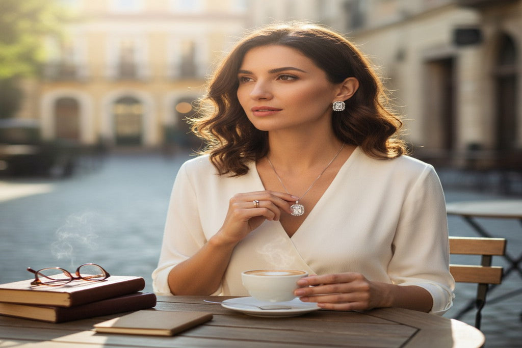 ✨ Timeless White Elegance ✨!!  Elegant Silver Jewelry Set with White Gemstone Pendant Necklace and Matching Earrings