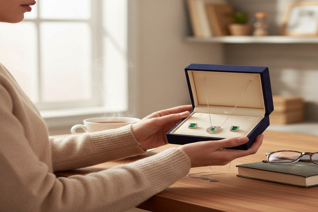 💚 Emerald Elegance Set 💚!! Elegant Silver Jewelry Set with Emerald Green Round Gemstone Pendant Necklace and Matching Earrings