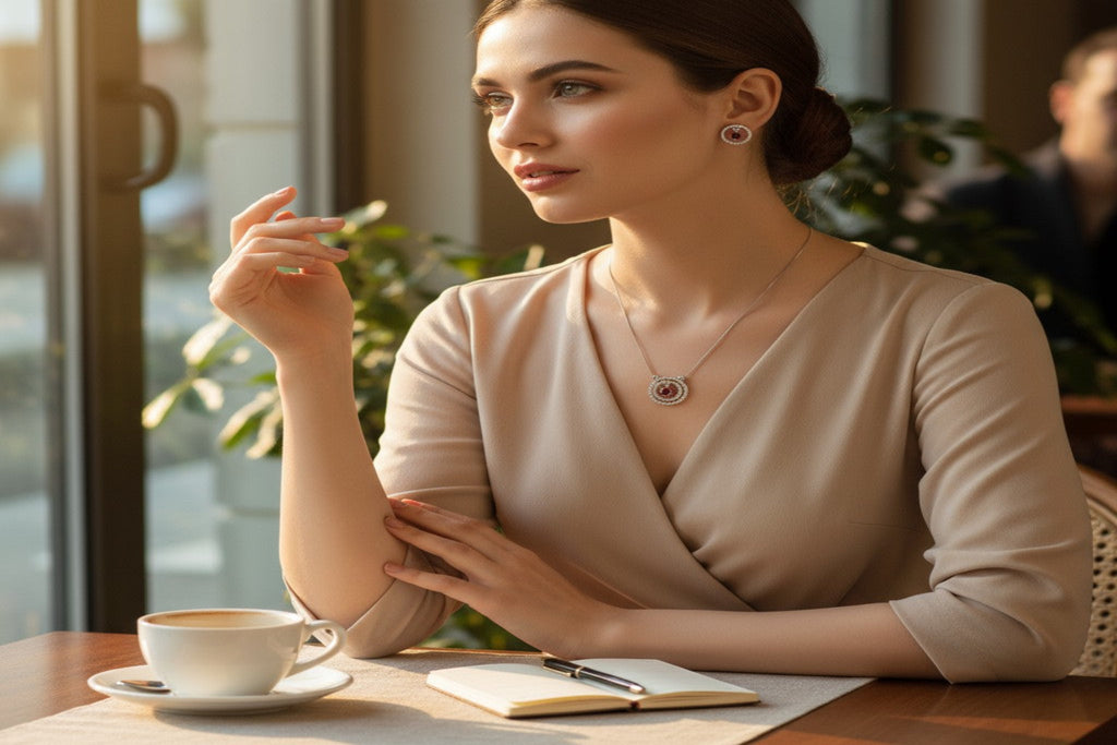 ❤️ Ruby Radiance Set ❤️!! Elegant Silver Jewelry Set with Ruby Red Round Gemstone Pendant Necklace and Matching Earrings