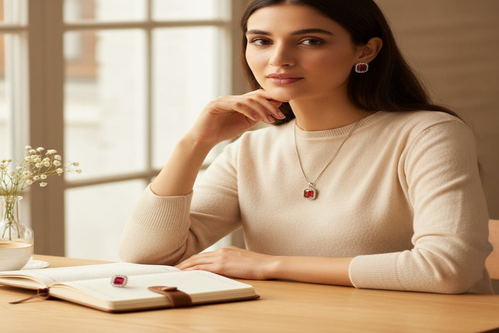 ❤️ Regal Ruby Glow ❤️!! Elegant Silver Jewelry Set with Ruby Gemstone Pendant Necklace and Matching Earrings