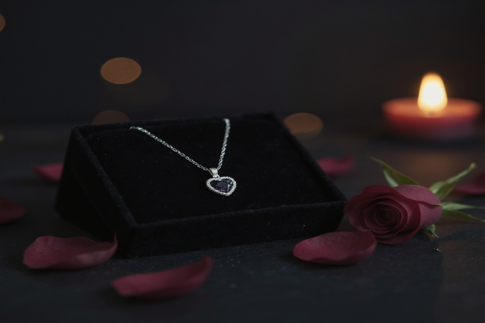 Amethyst Heart Spark Silver Pendant Set 💜