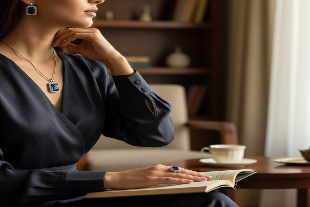 💙 Classic Blue Radiance 💙!! Elegant Silver Jewelry Set with Blue Gemstone Pendant Necklace, Earrings, and Matching Ring