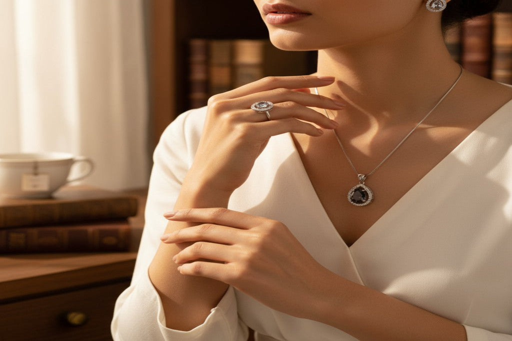 ✨ Sparkling White Elegance ✨!! Elegant Silver Jewelry Set with White Gemstone Teardrop Pendant Necklace, Earrings, and Matching Ring