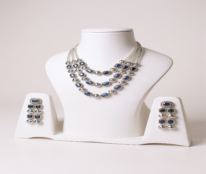 💙 Royal Blue Stone & Silver-Toned Necklace Set💎
