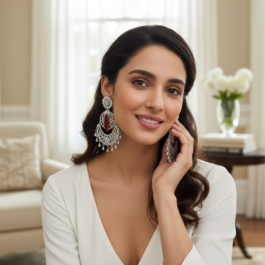 👑 Royal Red & Silver Statement Earrings 👑