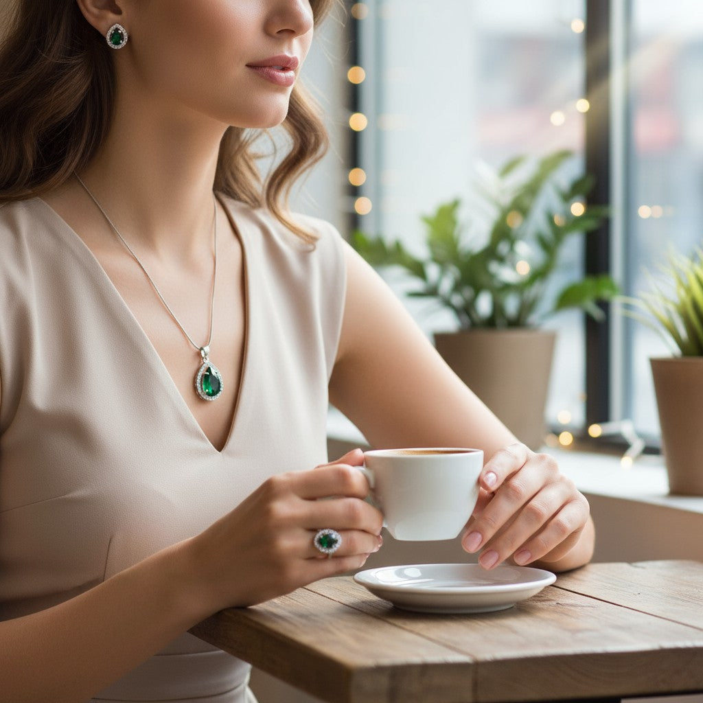 💚 Enchanting Emerald Glow 💚!! Elegant Silver Jewelry Set with Emerald Green Gemstone Teardrop Pendant Necklace, Earrings, and Matching Ring
