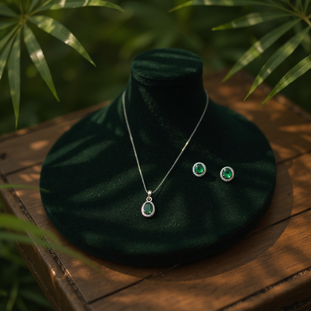 Emerald Glow Silver Pendant Set 💚