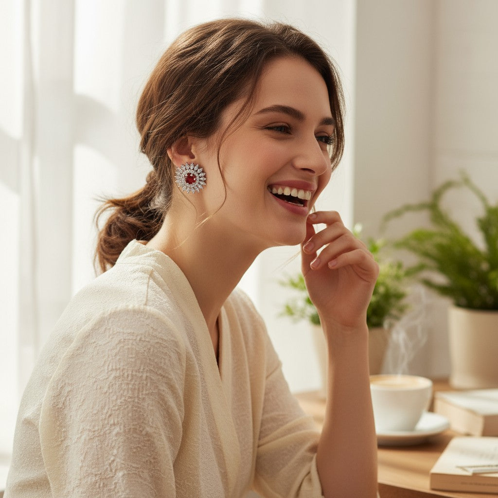 ❤️ Red Stone Diamond Floral Earrings