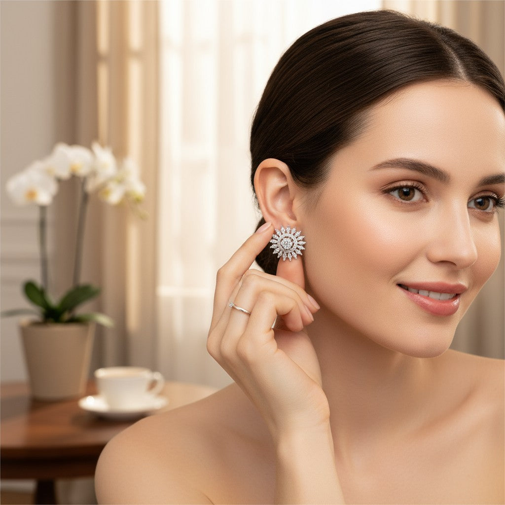 🤍 White Stone Diamond Floral Earrings