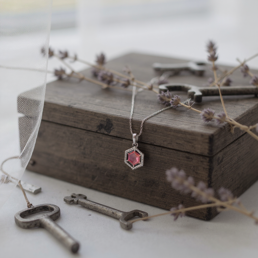 ❤️ Ruby Royal Set ❤️!! Elegant Silver Jewelry Set with Ruby Red Hexagon Gemstone Pendant Necklace and Matching Earrings