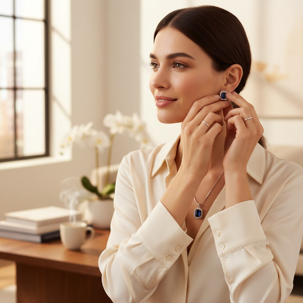 💙 Royal Blue Elegance 💙!!  Elegant Silver Jewelry Set with Blue Sapphire-Style Gemstone Pendant Necklace and Matching Earrings
