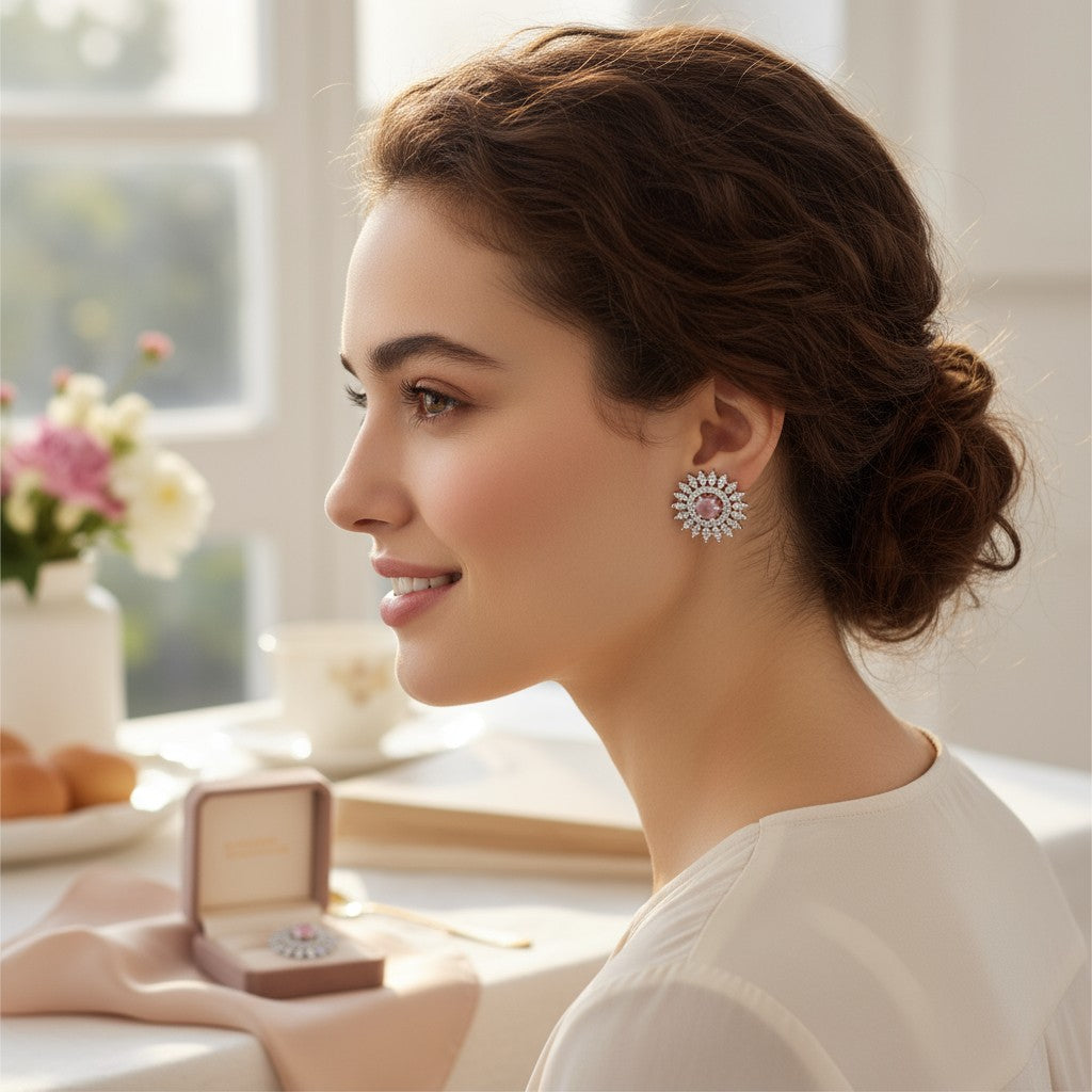 💗 Pink Stone Diamond Floral Earrings