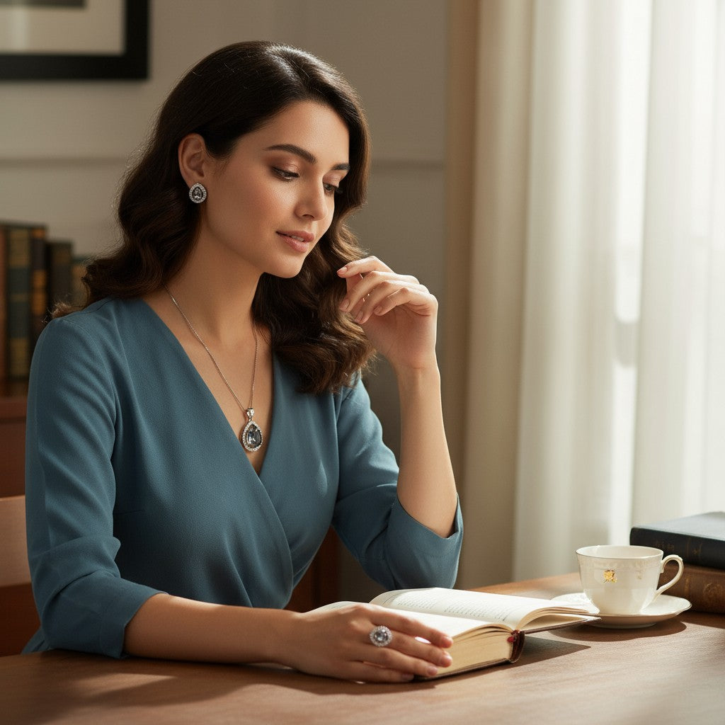 ✨ Sparkling White Elegance ✨!! Elegant Silver Jewelry Set with White Gemstone Teardrop Pendant Necklace, Earrings, and Matching Ring