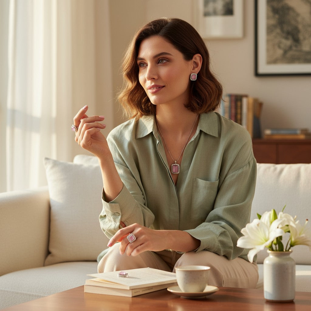 💖 Elegant Pink Perfection 💖!! Elegant Silver Jewelry Set with Pink Gemstone Pendant Necklace, Earrings, and Matching Ring