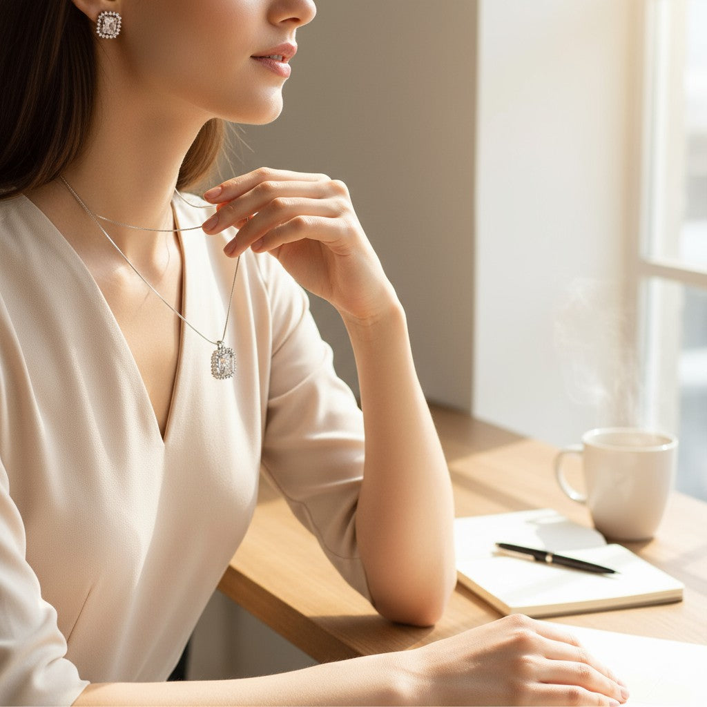 ✨ Timeless White Elegance ✨!!  Elegant Silver Jewelry Set with White Gemstone Pendant Necklace and Matching Earrings