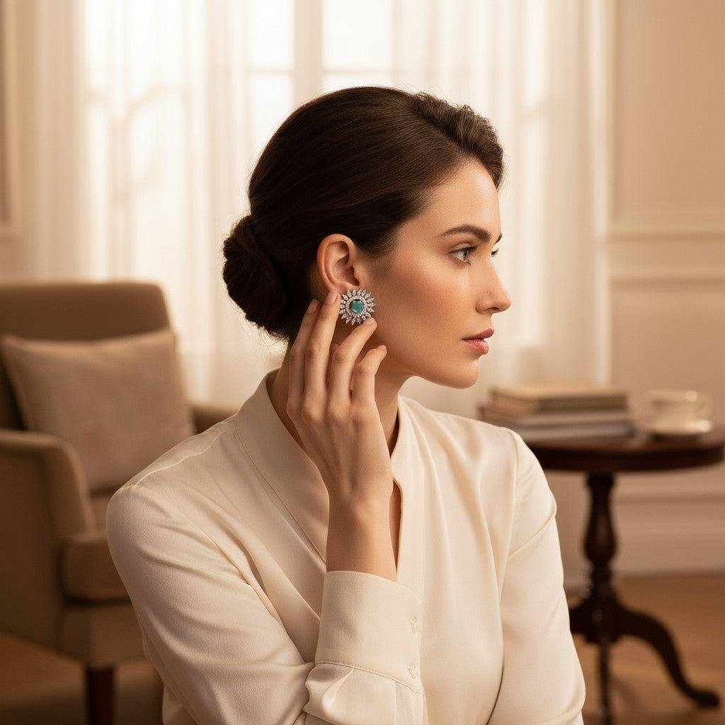 💙 Aqua Stone Diamond Floral Earrings