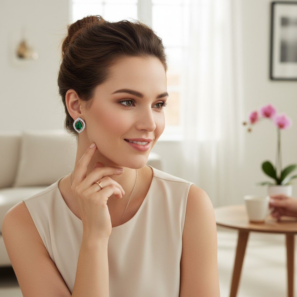 💚 Green Stone Diamond Teardrop Earrings