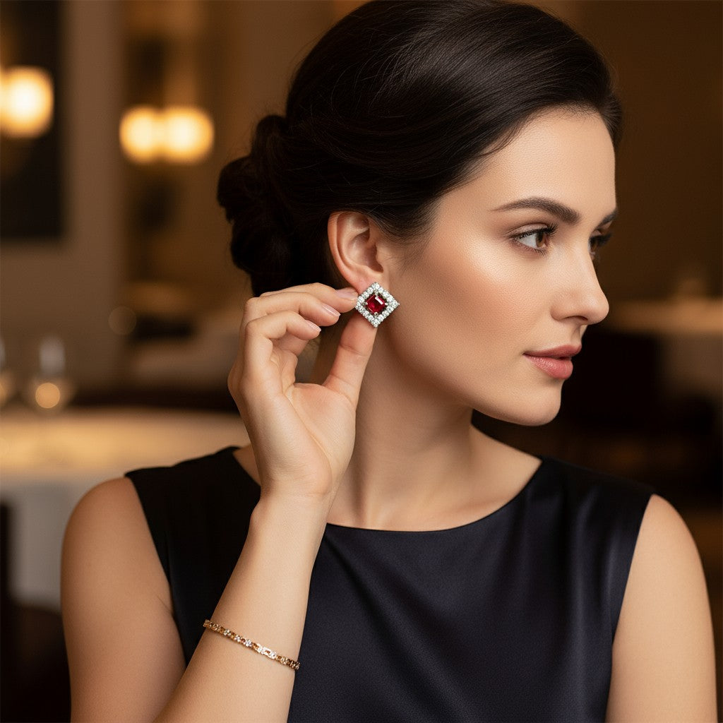 ❤️ Red Stone Diamond Stud Earrings