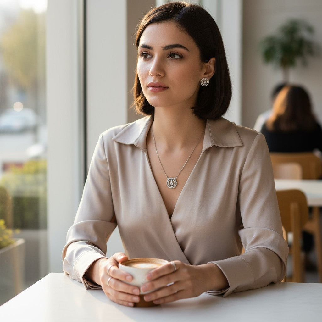 🤍 Crystal Elegance Set 🤍!! Elegant Silver Jewelry Set with White Crystal Round Gemstone Pendant Necklace and Matching Earrings