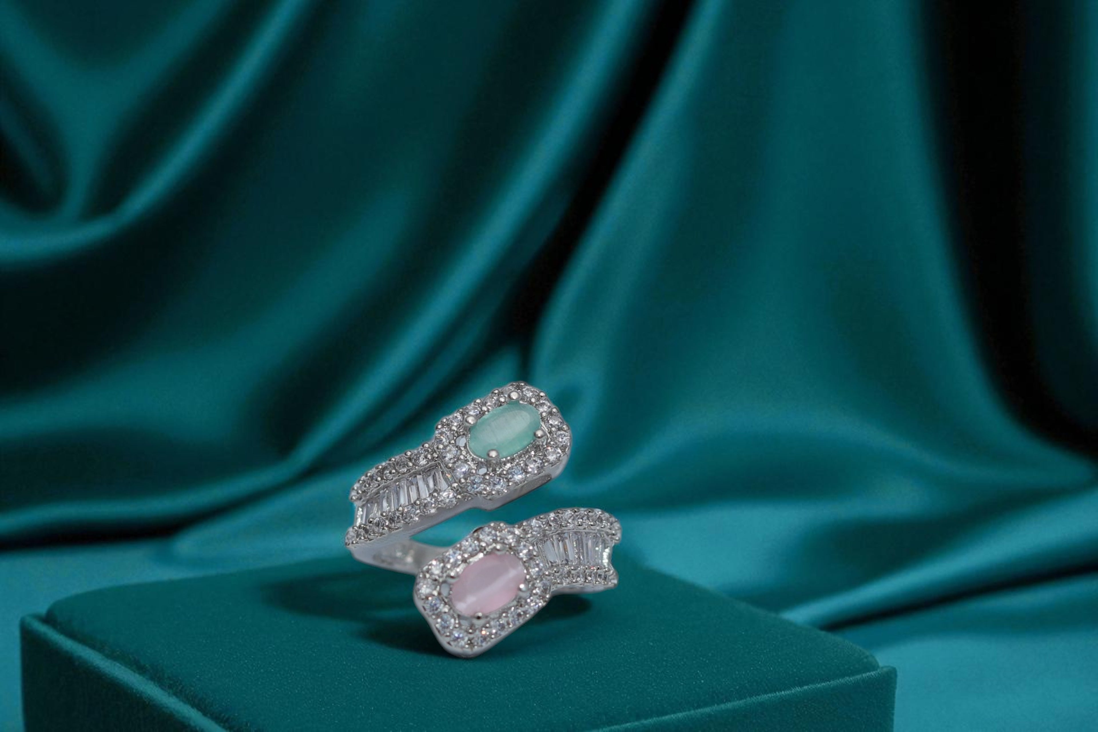💕 Pink & Aqua Gemstone Silver Ring 💍