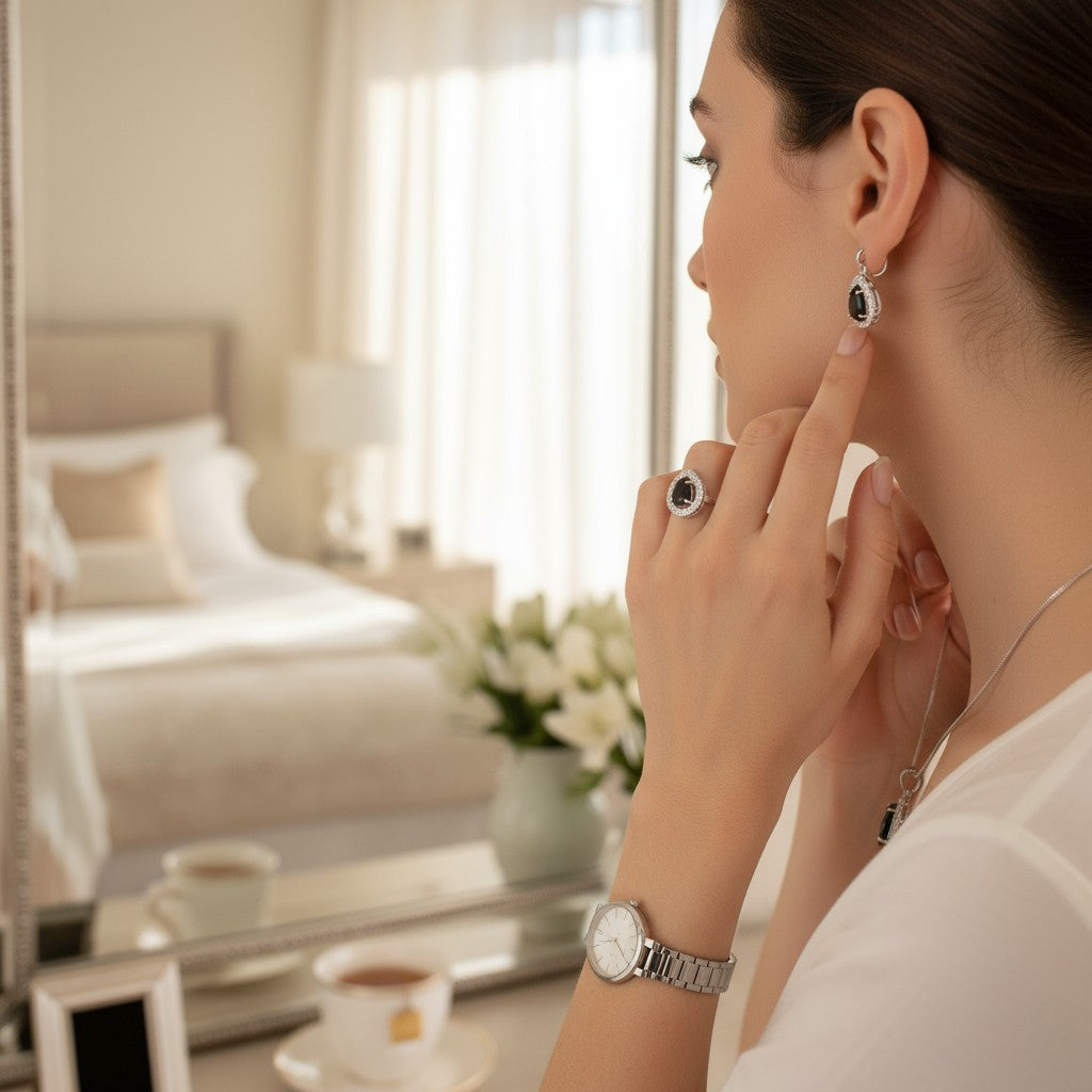 🖤 Classic Black Beauty 🖤!! Elegant Silver Jewelry Set with Black Gemstone Teardrop Pendant Necklace, Earrings, and Matching Ring