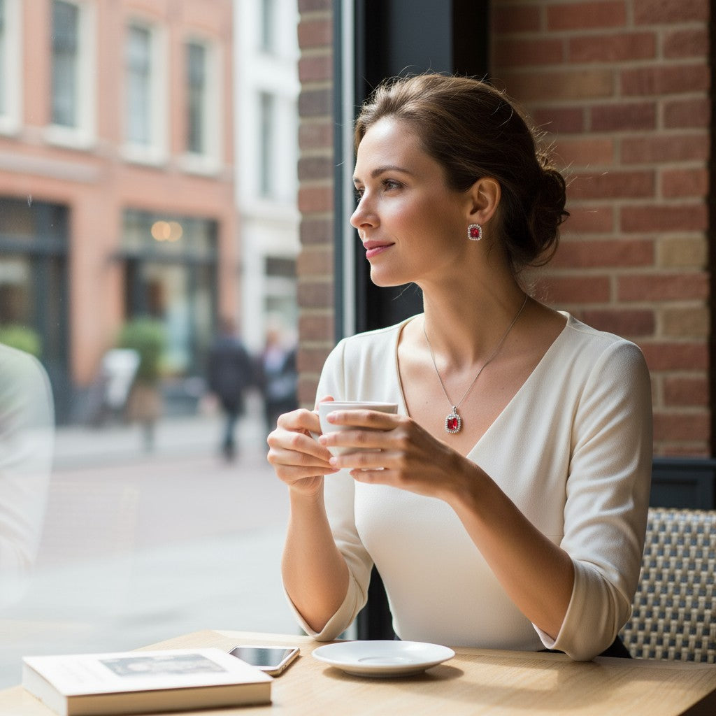❤️ Regal Ruby Glow ❤️!! Elegant Silver Jewelry Set with Ruby Gemstone Pendant Necklace and Matching Earrings