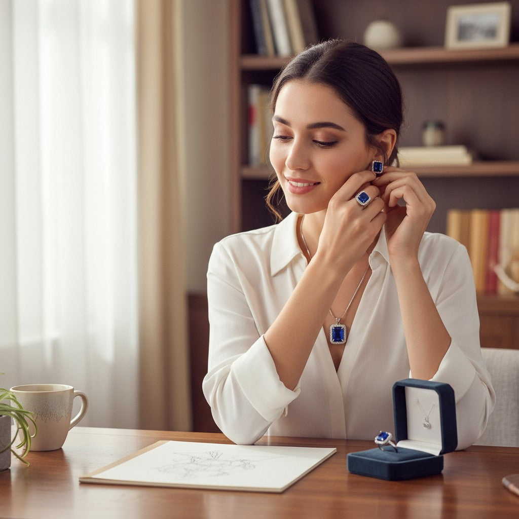 💙 Classic Blue Radiance 💙!! Elegant Silver Jewelry Set with Blue Gemstone Pendant Necklace, Earrings, and Matching Ring