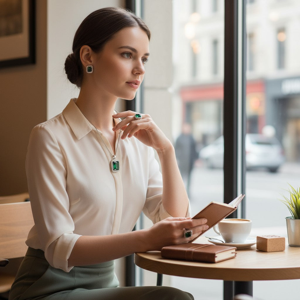 💚 Timeless Emerald Elegance 💚!! Elegant Silver Jewelry Set with Green Gemstone Pendant Necklace, Earrings, and Matching Ring