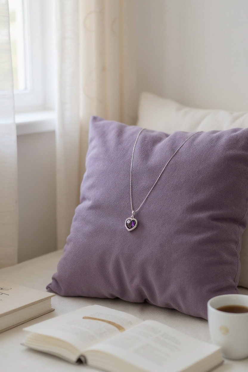 Amethyst Heart Spark Silver Pendant Set 💜