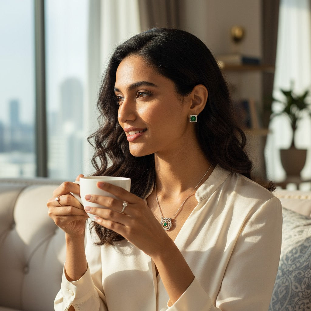 💚 Emerald Elegance Set 💚!! Elegant Silver Jewelry Set with Emerald Green Round Gemstone Pendant Necklace and Matching Earrings