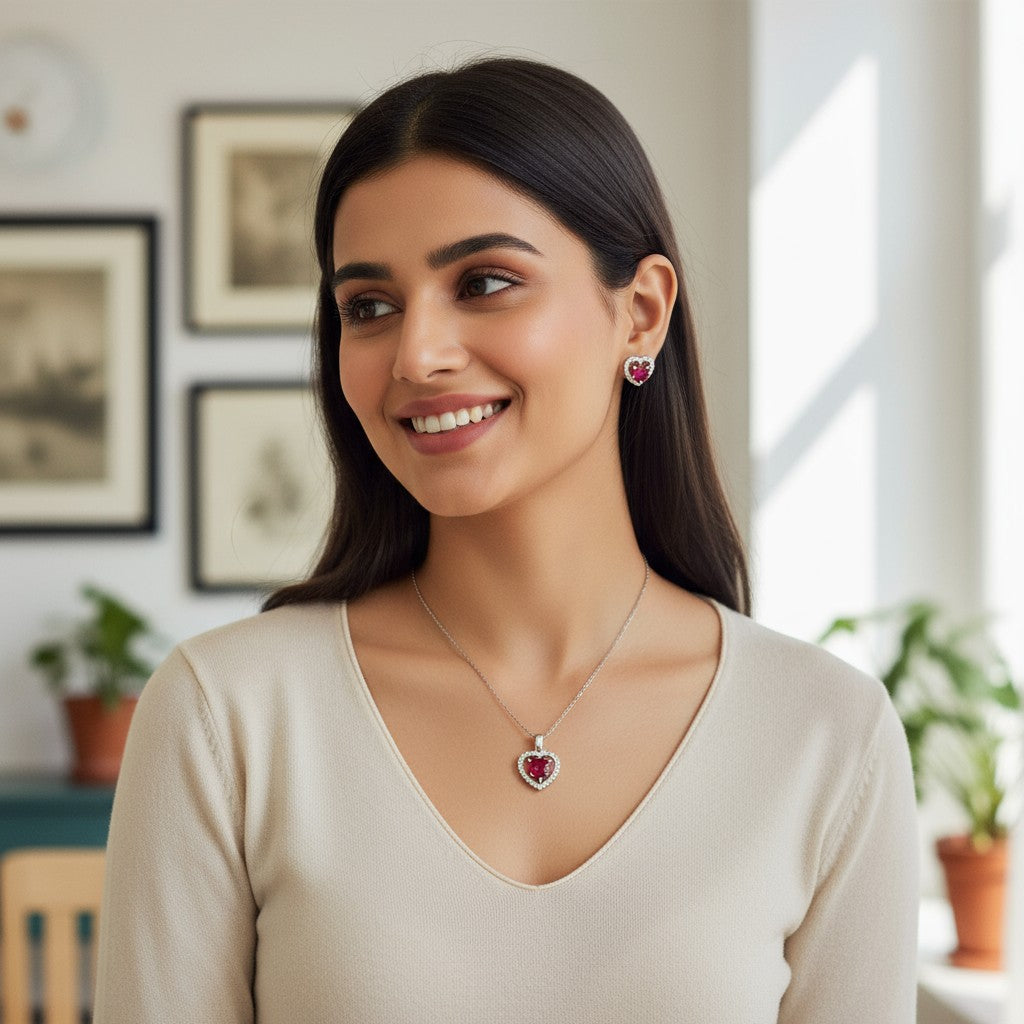 Ruby Heart Spark Silver Pendant Set ❤️