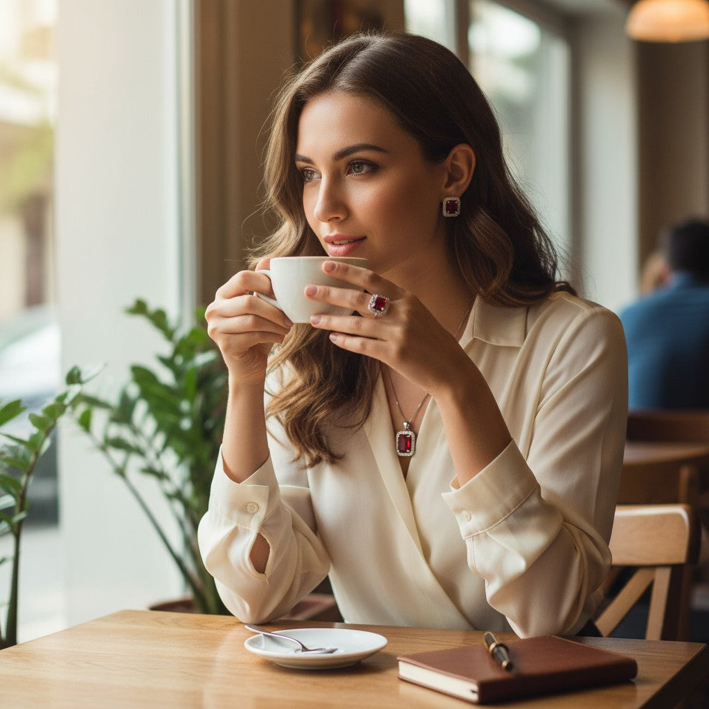❤️ Radiant Ruby Charm ❤️!! Elegant Silver Jewelry Set with Ruby Red Gemstone Pendant Necklace, Earrings, and Matching Ring
