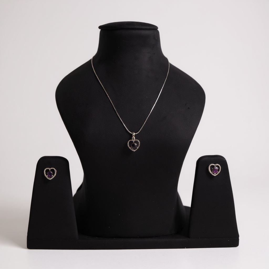 Amethyst Heart Spark Silver Pendant Set 💜