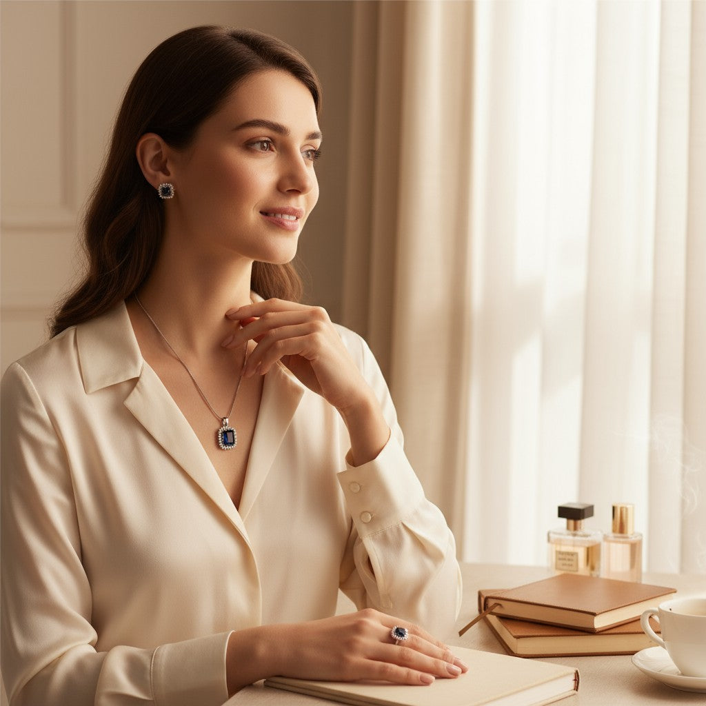 💙 Royal Blue Elegance 💙!!  Elegant Silver Jewelry Set with Blue Sapphire-Style Gemstone Pendant Necklace and Matching Earrings