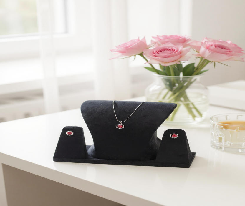 ❤️ Ruby Royal Set ❤️!! Elegant Silver Jewelry Set with Ruby Red Hexagon Gemstone Pendant Necklace and Matching Earrings