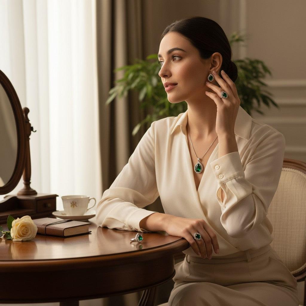 💚 Enchanting Emerald Glow 💚!! Elegant Silver Jewelry Set with Emerald Green Gemstone Teardrop Pendant Necklace, Earrings, and Matching Ring