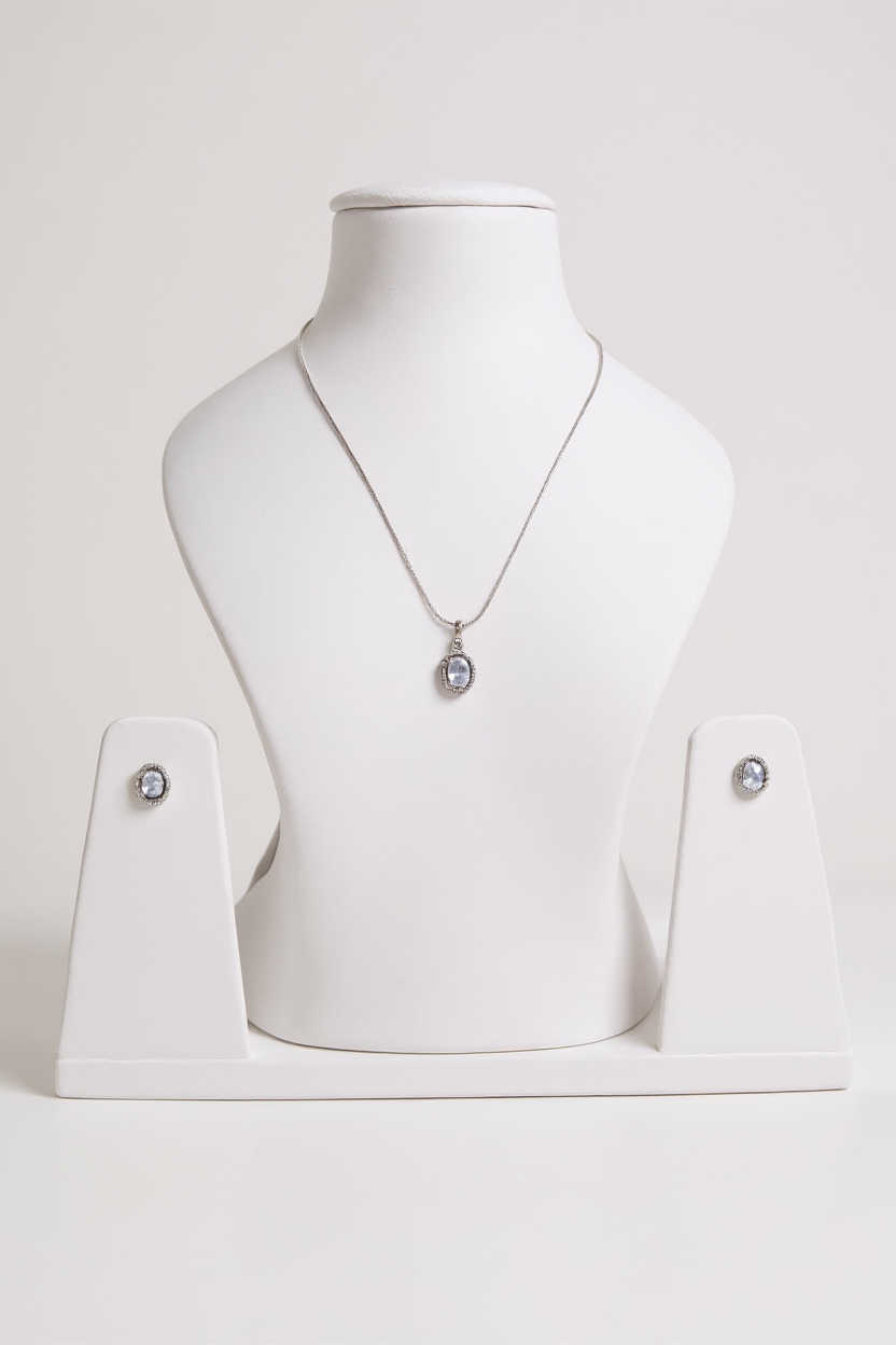 Sparkling White Diamond Silver Pendant Set 💎